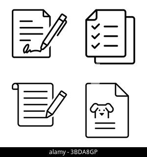 Document management outline icon set. Signed file, checklist, contract and report icons for office workflow. Stock Vector