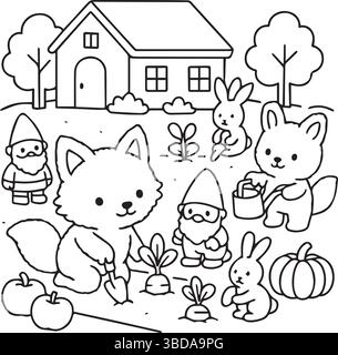 A black and white drawing of a fox, rabbits, gnomes, and a house Stock Vector