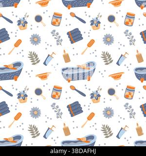 spa cosmetic and bath accessories seamless pattern illustration on white background. Stock Vector