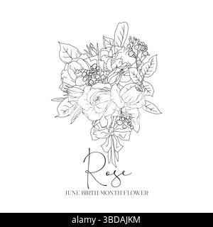 Hand drawn line art retro palette roses bouquet with text june month birth flower Stock Vector