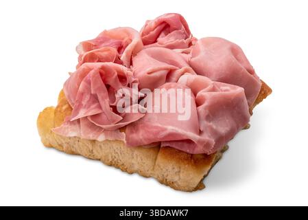 Slice of Genoa flatbread with slices of ham on top, tasty flatbread snack isolated on white with clipping path included Stock Photo