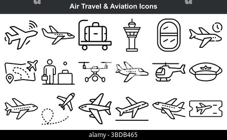 Air travel aviation icons set airplane flight travel Stock Vector