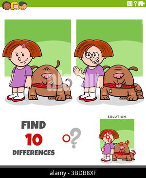 Cartoon illustration of finding the differences between pictures educational puzzle game with girl and her dog Stock Vector