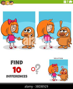 Cartoon illustration of finding the differences between pictures educational puzzle activity with girl and her puppy Stock Vector