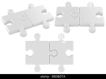 3D rendering of white puzzle pieces mockup set, connected pairs in different views. 3D rendering isolated on white background Stock Photo