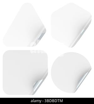 White blank sticker set, various shapes with curled corners. Stickers in different geometric shapes triangle, hexagon, rounded square, and circle. 3D Stock Photo