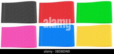 Blank Colored Clothing Labels with Stitch Line. 3D rendering isolated on white background Stock Photo