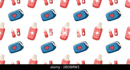 Seamless summer pattern with sunscreen, lip balm and blue travel pouches. Cartoon vector illustration background Stock Vector