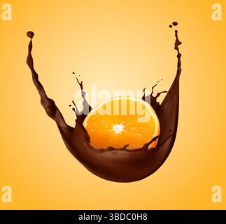 Chocolate splash with juicy orange in air on color background Stock Photo