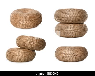 Straw poufs isolated on white, collage. Interior element Stock Photo