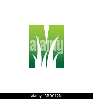 Modern Simple Initial M Letter Lawn Care Logo Concept. letter m with grass green nature yard logo design icon illustration Stock Vector