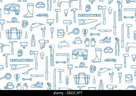 Building tools construction equipment simple seamless pattern. Repair finishing works. House construction industry trendy boundless background. Endless line design paper print fabric wrapper template Stock Vector