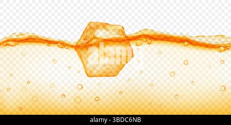 Large translucent yellow ice cube floating in water with air bubbles, isolated on transparent background. Transparency only in vector format. Stock Vector