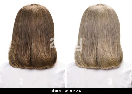 Comparative portrait of woman before and after dyeing hairs isolated on white Stock Photo