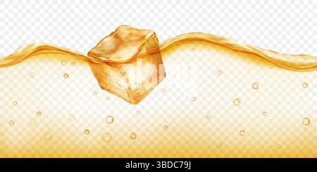 Large translucent yellow ice cube floating in water with air bubbles, isolated on transparent background. Transparency only in vector format. Stock Vector