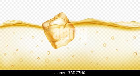 Large translucent yellow ice cube floating in water with air bubbles, isolated on transparent background. Transparency only in vector format. Stock Vector