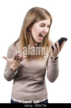 Angry businesswoman shouting on smartphone isolated on white background Stock Photo