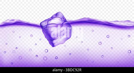 Large translucent purple ice cube floating in water with air bubbles, isolated on transparent background. Transparency only in vector format. Stock Vector