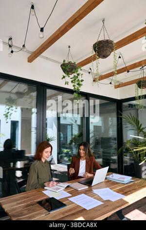 Two busy business women talking working at desk in green office. Top view. Stock Photo