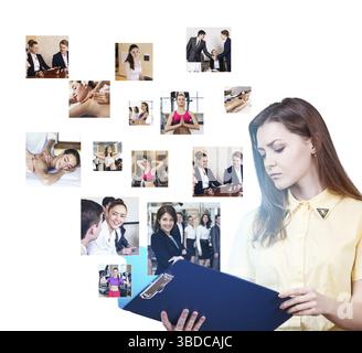Young beautiful woman with folder on the blue background Stock Photo