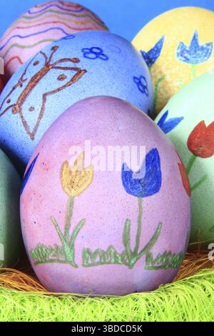 Colorfully painted Easter eggs in green Easter nest Colorfully painted Easter eggs in green Easter nest Stock Photo