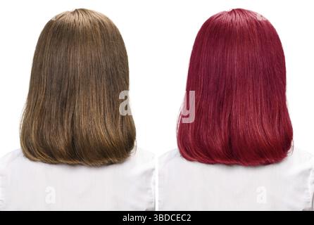 Comparative portrait of woman before and after dyeing hairs isolated on white Stock Photo