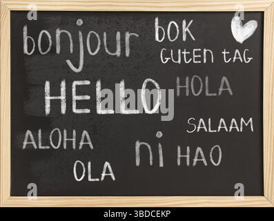 Hello in different languages on chalkboard background Stock Photo