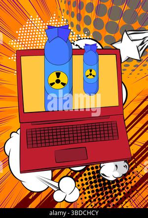 Cartoon Laptop, comic book Notebook with Missile bomb. Retro vector comics pop art design. Stock Vector
