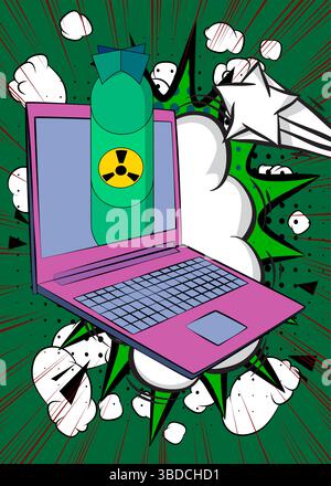 Cartoon Laptop, comic book Notebook with Missile bomb. Retro vector comics pop art design. Stock Vector