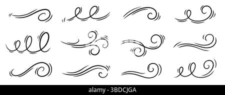 Wind line air swirl smoke vector icon set. Hand drawn doodle wind motion, air blow, swirl doodle elements. Sketch drawn air blow motion, smoke flow wave, abstract line. Vector illustration Stock Vector