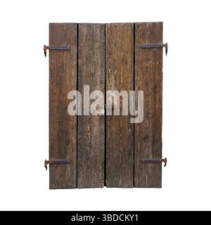 Old wooden door with metallic hinges and a padlock isolated on white background with clipping path Stock Photo