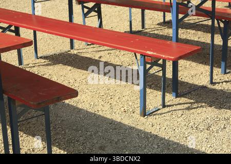 Beer tables in a beer garden Stock Photo