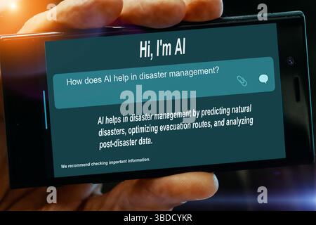 Question for AI on tablet screen. How does AI help in disaster management? Stock Photo
