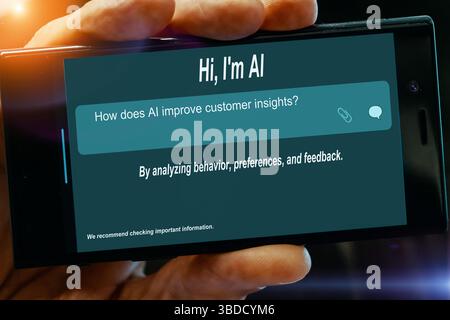 Question for AI on tablet screen. How does AI improve customer insights? Stock Photo