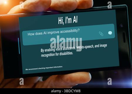 Question for AI on tablet screen. How does AI improve accessibility? Stock Photo