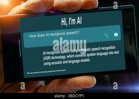 Question for AI on tablet screen. How does AI recognise speech? Stock Photo