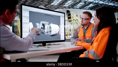 Skilled Hispanic Engineer And Team Develop Jet Plane Maintenance Software. Stock Photo