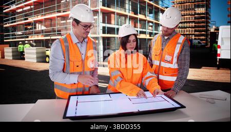 Construction Manager Observing Team Of Engineers Reviewing Blueprints At Job Site. Stock Photo
