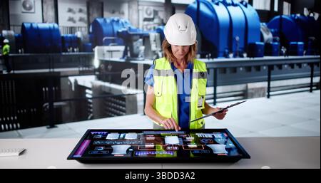 Female Engineer Operating Gas Turbine In Electricity Generation Plant Stock Photo