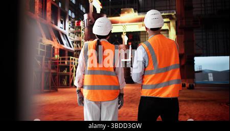 Team Of Engineers Discussing Quality Control In Steel Manufacturing Plant. Stock Photo