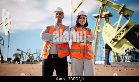 Engineer Works On Drilling Rig In Desert For Oil Extraction. Stock Photo
