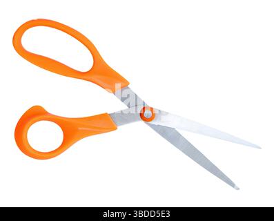 Inclined medium open multipurpose scissors with orange handle is isolated on white background with clipping path. Stock Photo