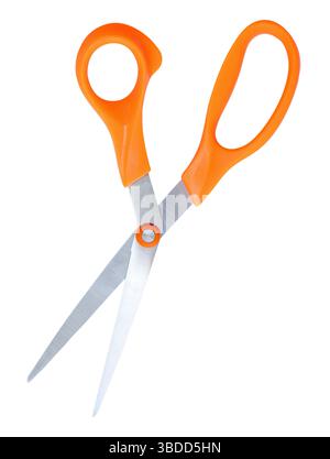 Inclined medium open multipurpose scissors with orange handle is isolated on white background with clipping path. Stock Photo