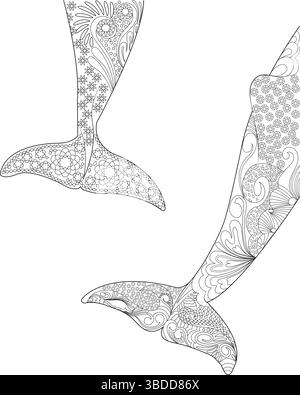 Intricate line art illustration featuring two stylized dolphin tails adorned with complex abstract patterns, perfect for coloring books, mindful relax Stock Vector