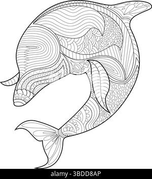 Detailed black and white line art illustration of a dolphin swimming, filled with intricate zentangle-style patterns and designs, perfect for coloring Stock Vector