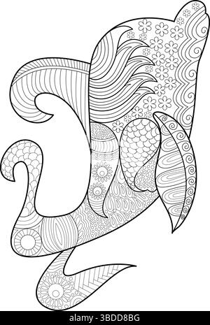 Detailed black and white line drawing of a stylized dolphin, filled with ornate patterns and textures in a zentangle or adult coloring book style. Ide Stock Vector