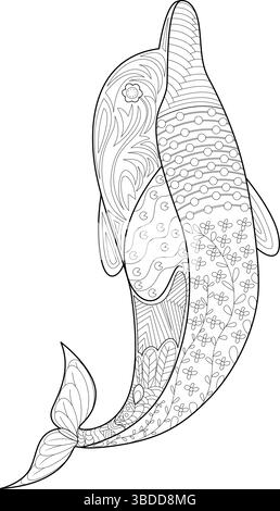 Black and white line art illustration featuring two decorative dolphins adorned with intricate patterns, suitable for coloring books, relaxation, and Stock Vector