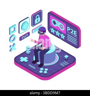 Isometric Gamer Playing Play to Earn P2E Crypto Gaming in Metarverse with VR Headset. Play to Earn and Metaverse Gaming Concept Stock Vector