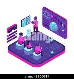 Isometric Virtual Metaverse Classroom with Teacher and Students. Metaverse Classroom and Virtual Reality for Education Concept Stock Vector