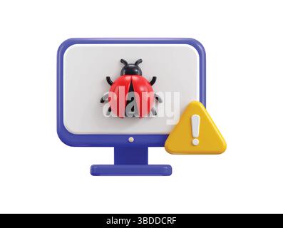 Computer bug with warning symbol icon 3d render concept of computer antivirus malware, computer security alert icon vector illustration Stock Vector